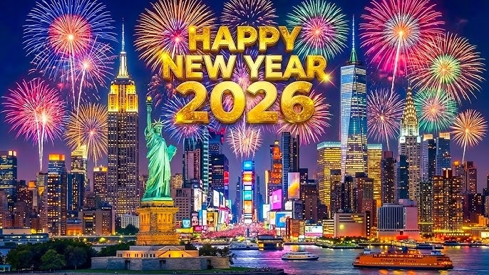 Fireworks lighting up New York City skyline on New Year’s Eve